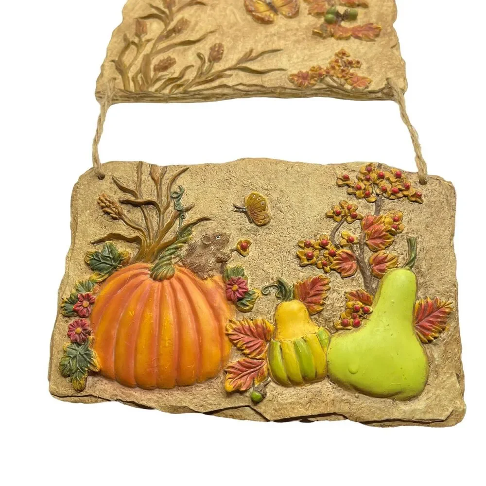 Fall Harvest Wall Hanging Vintage Pumpkins Mouse Butterfly Bird Charming 22